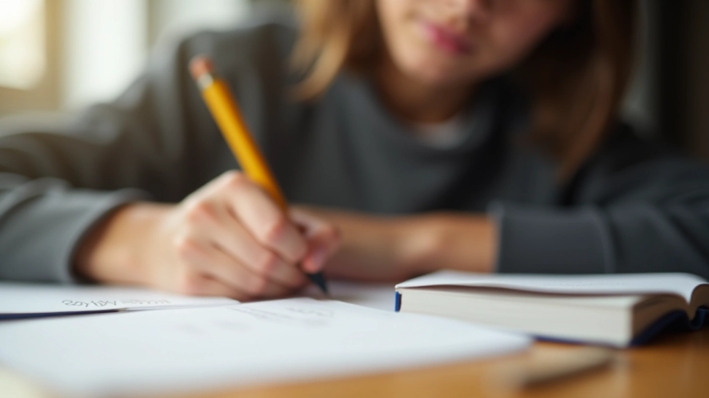 Estudante a escrever em caderno durante aula de inglês
