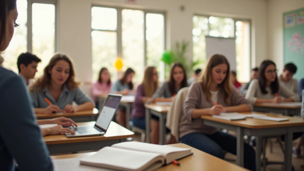 Ambiente de aprendizagem em sala de aula moderna com estudantes a trabalhar