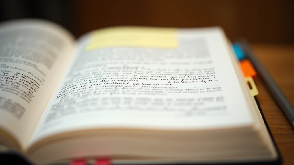 Página aberta de um livro com notas manuscritas coloridas nos margins, marcadores de página e post-its amarelos