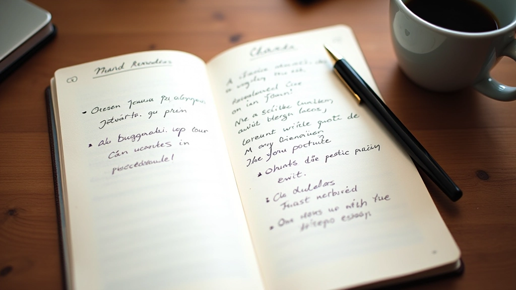 Caderno aberto com notas manuscritas em uma mesa de madeira, caneta e xícara de café