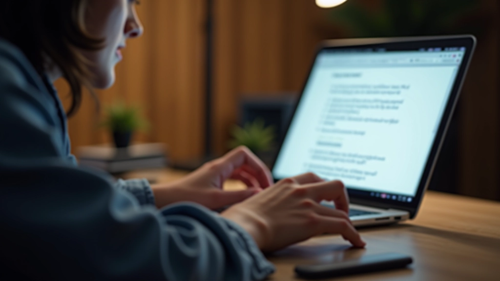Tela de laptop mostrando documento aberto com primeiro parágrafo em destaque, dedos sobre o teclado em posição de escrita, luz ambiente suave