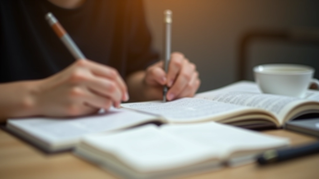 Estudante a escrever em caderno com foco em estrutura e gramática