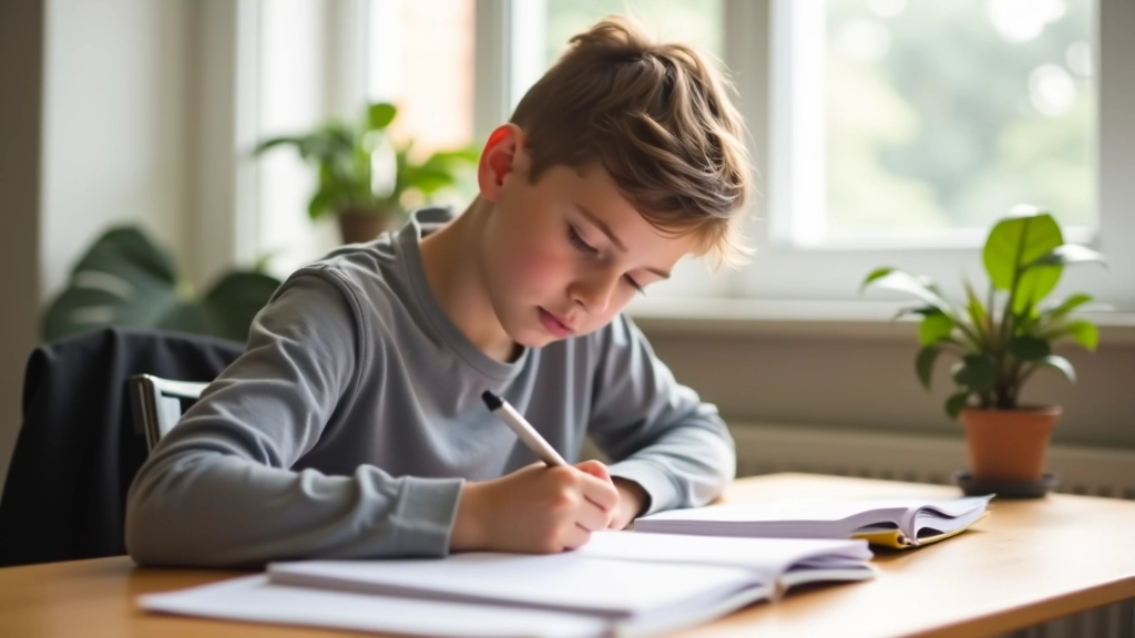 Estudante a trabalhar em texto em inglês, ambiente de aprendizagem moderno